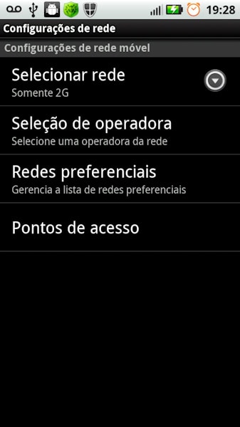 Android opção de seleção de rede