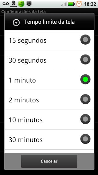 Android opção tempo limite de tela