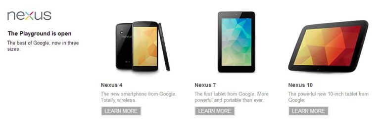 Nexus 4, Nexus 7 e Nexus 10