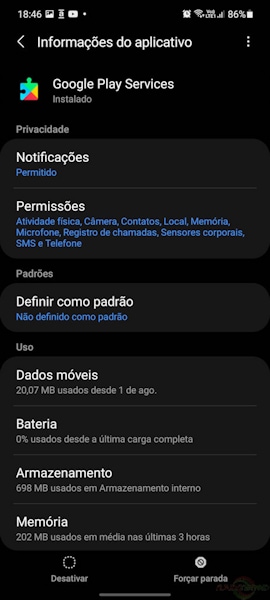 Google Play Services configurações no Android