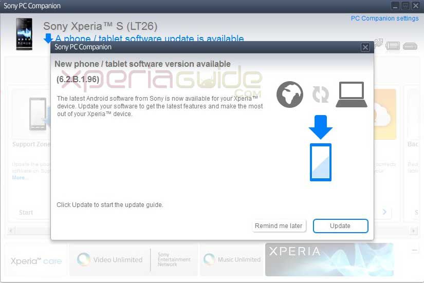 Xperia S atualização 6.2.B.1.96 Android 4.1.2 PC Companion