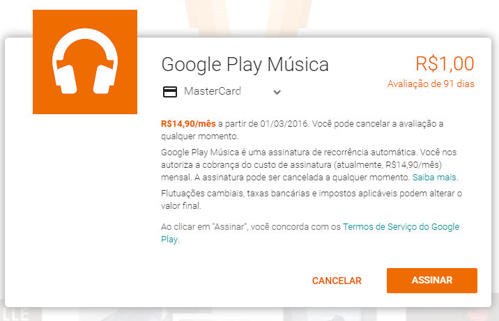 Google Play Música ilimitada está com valor de 1 real