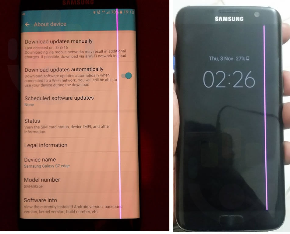 Coluna de pixel rosa tela do Galaxy S7 Edge
