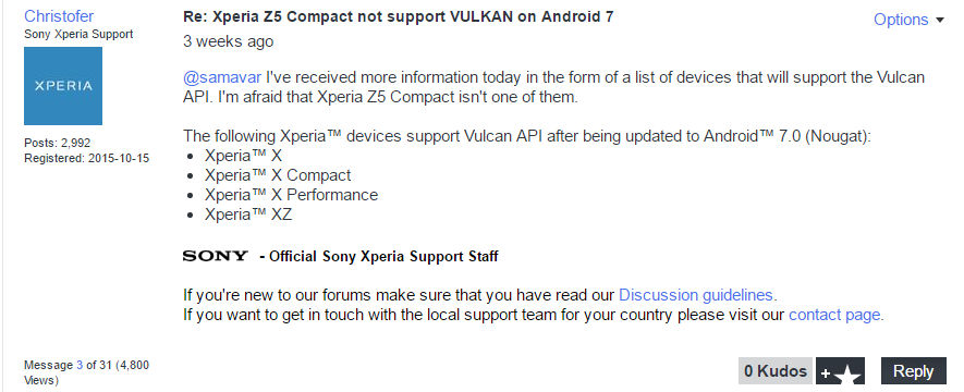 Xperia Z5 API Vulkan não funciona