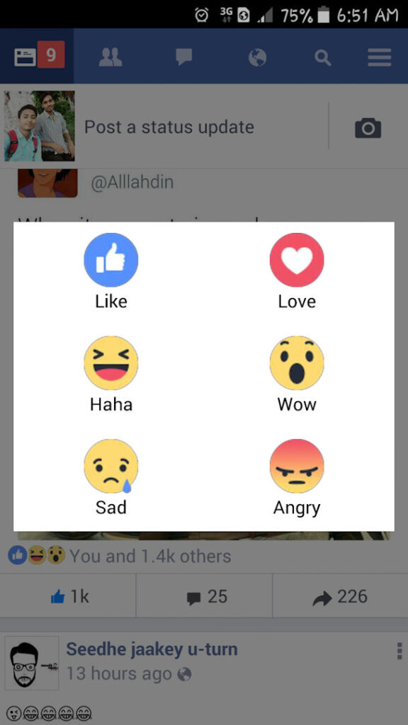 Facebook Lite Reações