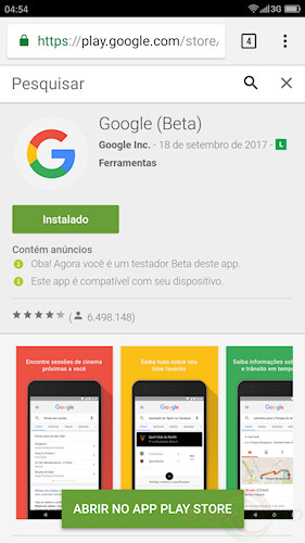 Google Play Web no navegador mobile mostra botão Abrir no App Play Store