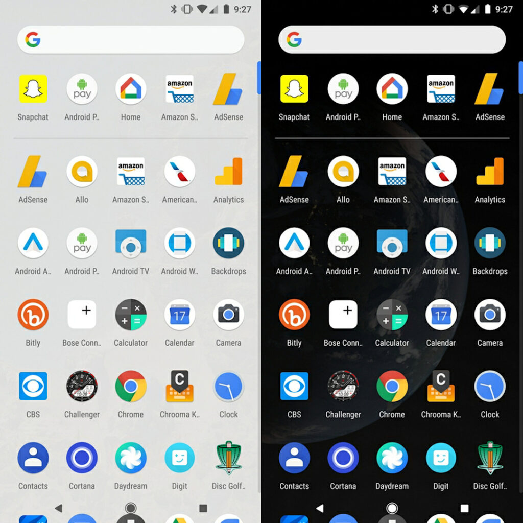 Google Pixel 2 tema escuro e claro