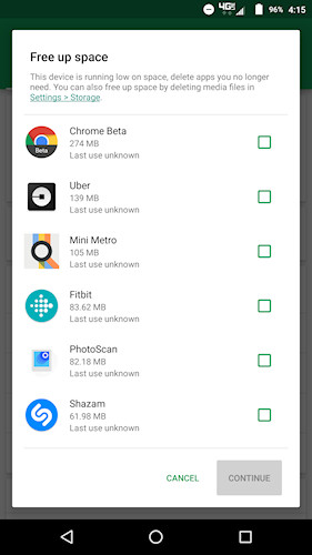 Google Play pouco espaço