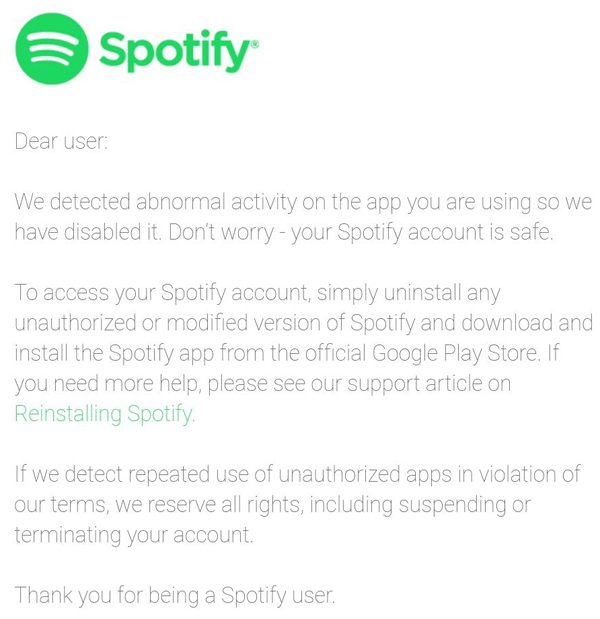 Spotify está enviando email para quem está utilizando seu aplicativo