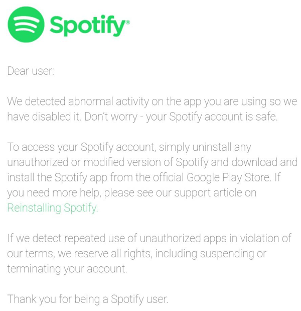 Spotify e-mail para app hackeado