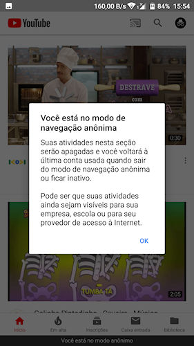 YouTube Modo de navegação anônima