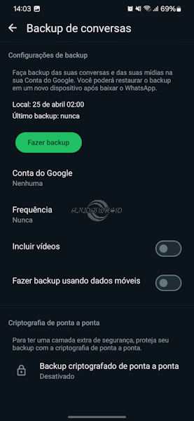 WhatsApp página do backup