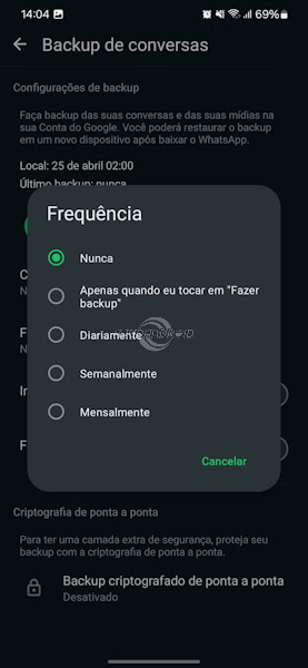 WhatsApp página frequência do backup