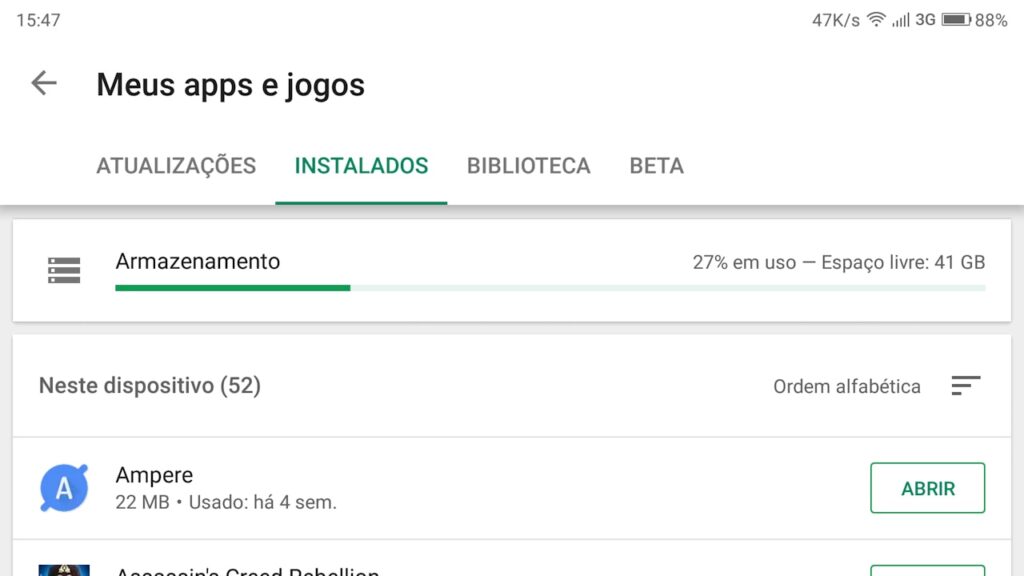 Barra de armazenamento na loja Google Play