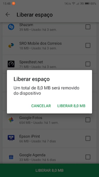 Barra de armazenamento na loja Google Play