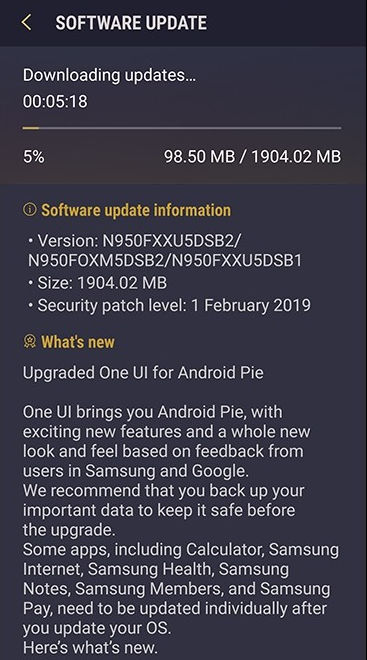 Galaxy Note 8 atualização Android 9 Pie