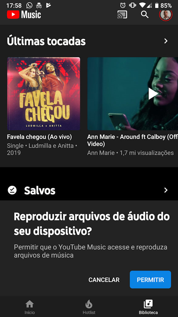 YouTube Music reprodução de música no dispositivo