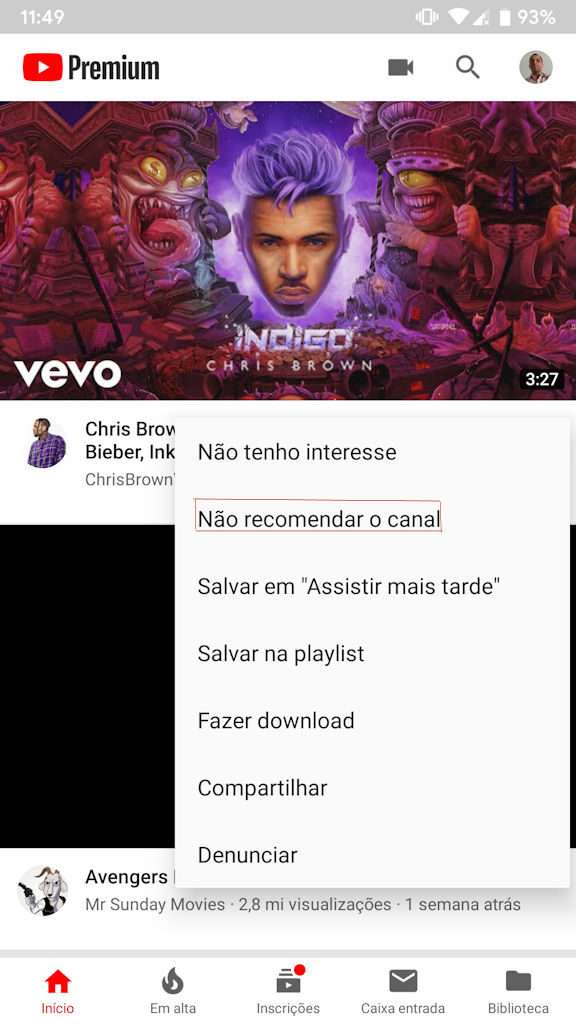 YouTube Android não recomendar canal 