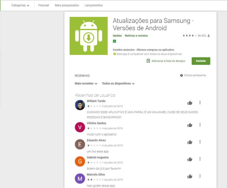 Atualizações para Samsung - Versões de Android