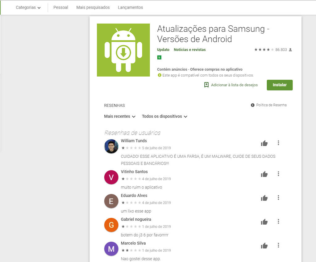 Atualizações para Samsung: aplicativo é considerado fraudulento