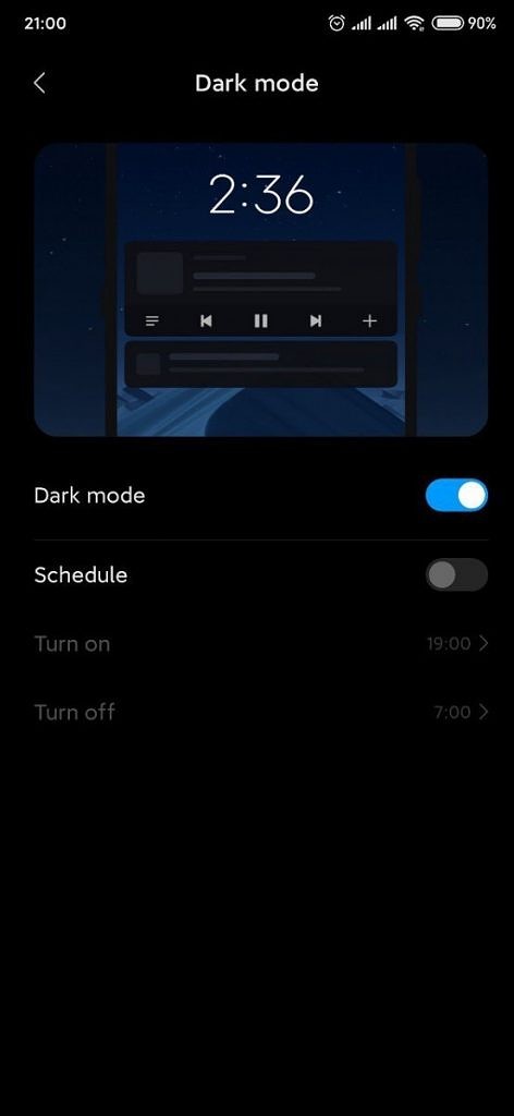 MIUI 10 versão 9.8.19 modo noturno programável