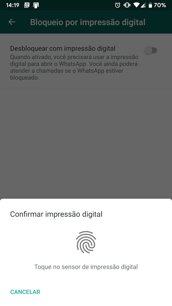 Bloqueio de impressão digital no WhatsApp