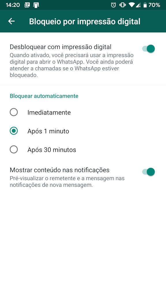 Bloqueio de impressão digital no WhatsApp