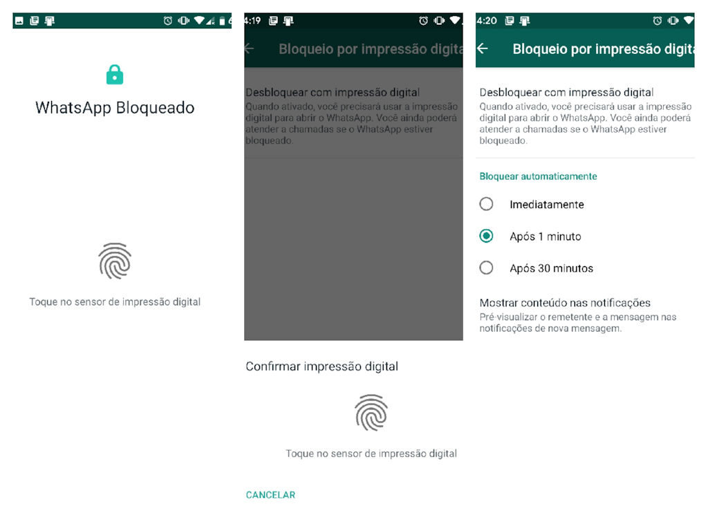 Bloqueio de impressão digital no WhatsApp