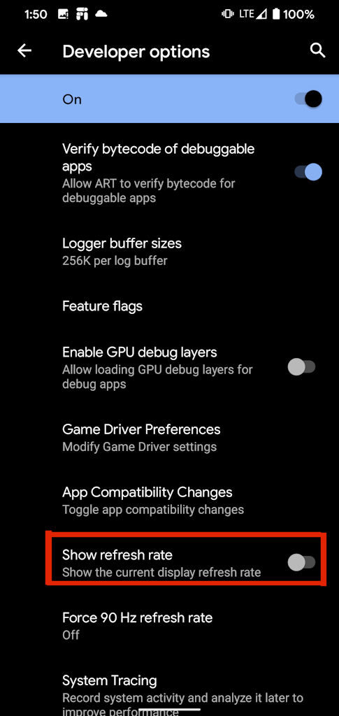 Android 11 mostrar taxa de atualização