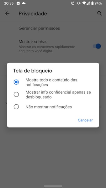 Menu de Privacidade do Android