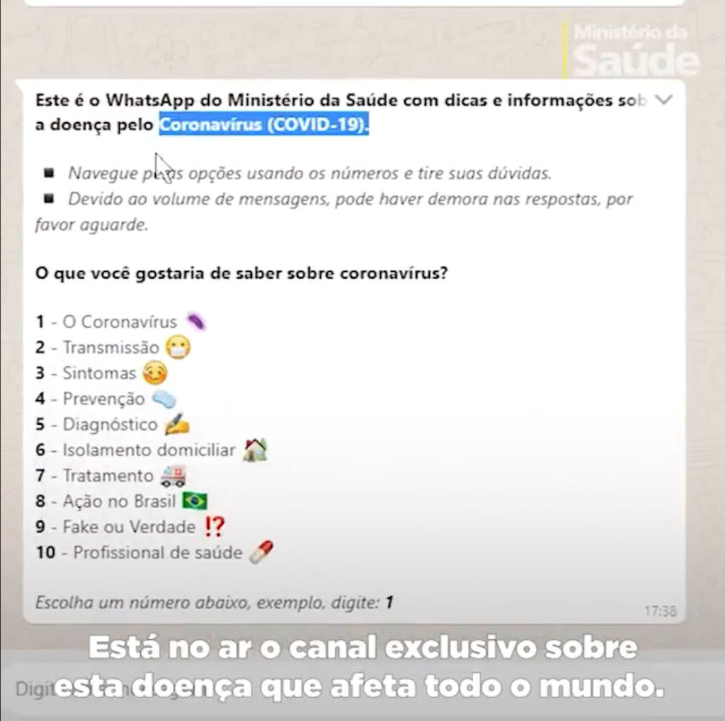 Ministério da Saúde WhatsApp informações Coronavírus