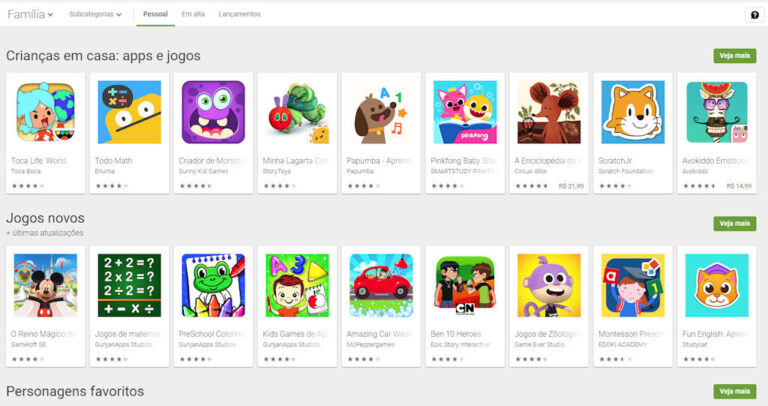 Loja Google Play seção Família