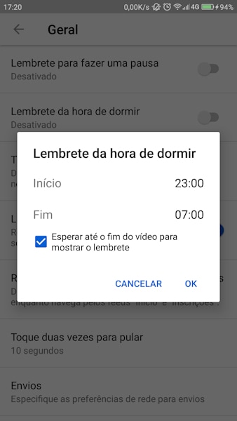 Recurso Lembrete da hora de ir dormir no YouTube