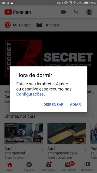 Recurso Lembrete da hora de ir dormir no YouTube