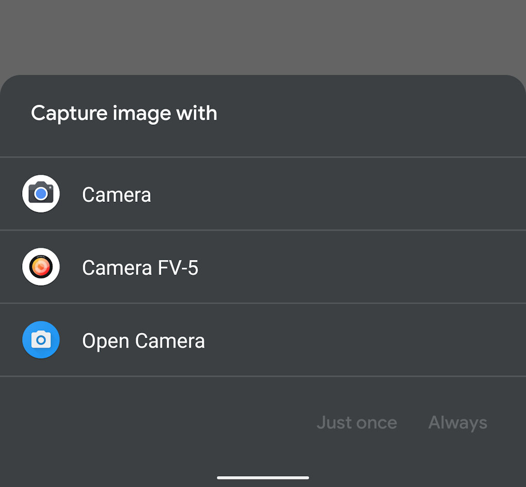 Android 11 escolha do aplicativo padrão para a câmera