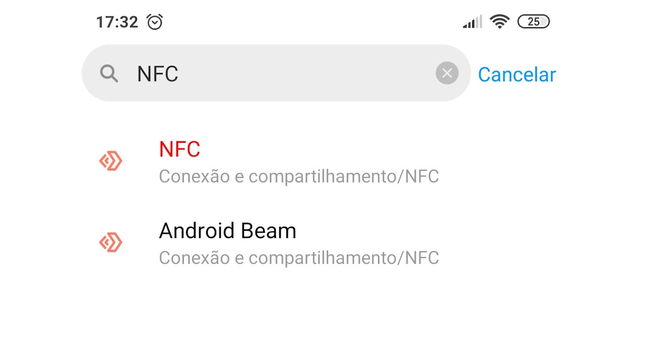 NFC no Android, pesquisa do recurso em configurações