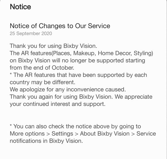 Bixby Vision anúncio de remoção de alguns recursos de realidade aumentada