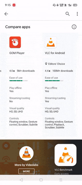 Google Play seção de comparação de aplicativos
