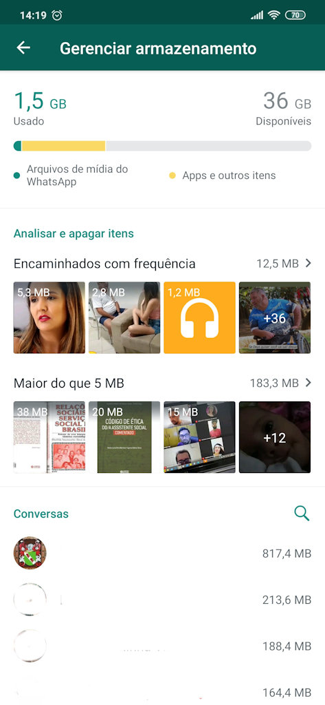 WhatsApp recurso Gerenciar armazenamento