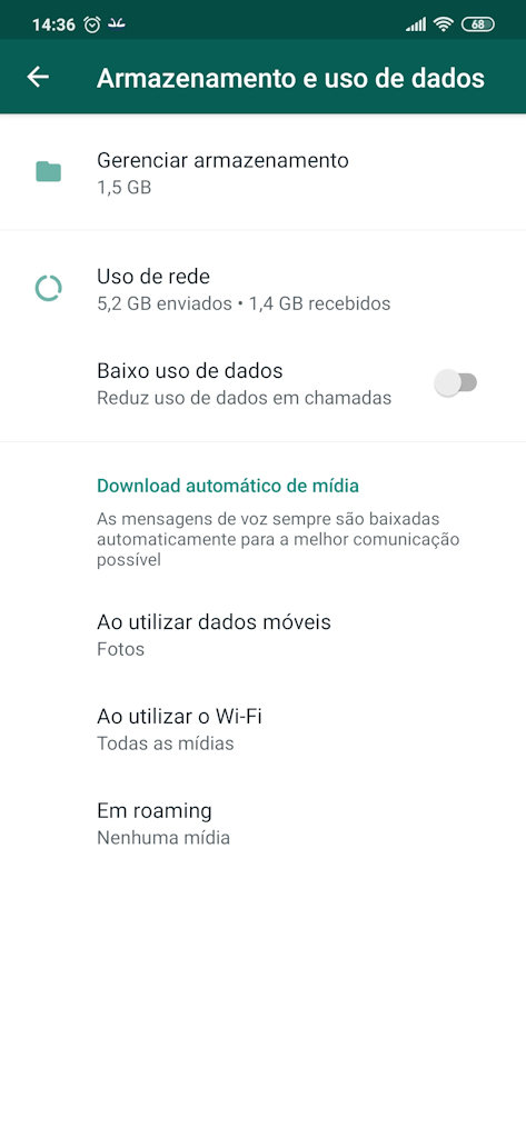 WhatsApp recurso Gerenciar armazenamento