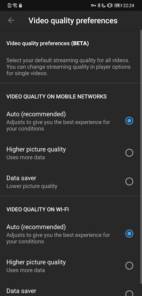 YouTube para Android, configuração para qualidade de reprodução de vídeo em teste