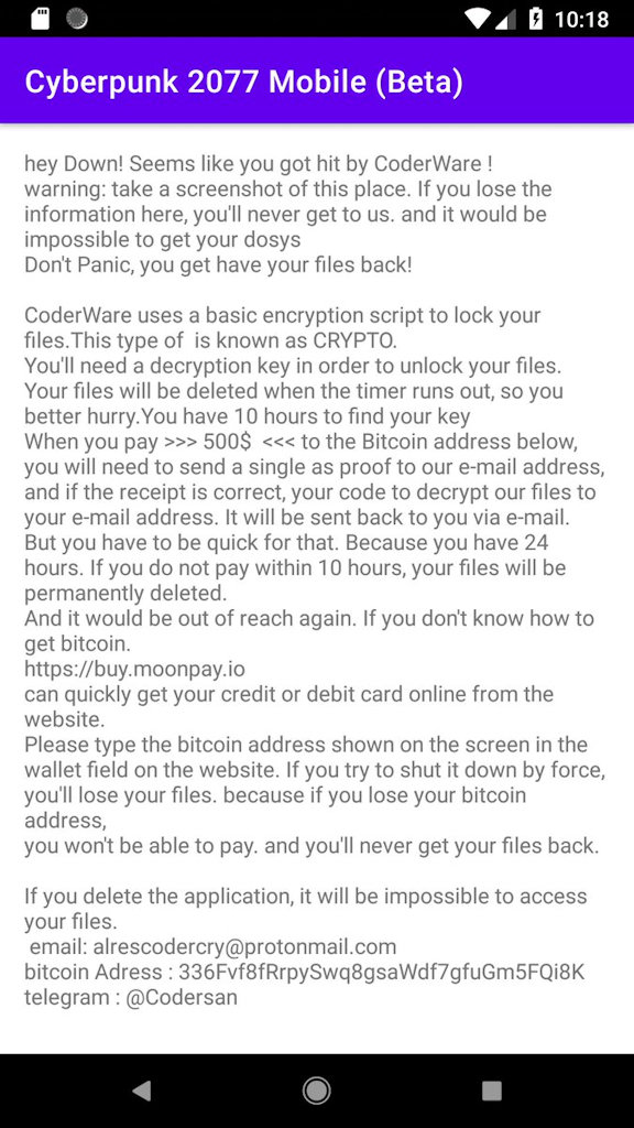Cyberpunk 2077 Mobile ransomware Android
