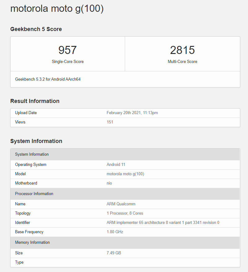 Moto G100 Geekbench