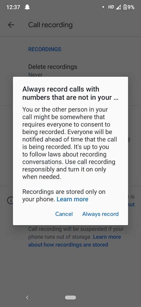 Aplicativo Telefone do Google aviso de gravação automática