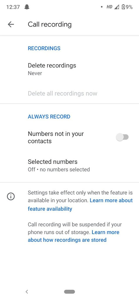 Aplicativo Telefone do Google opção de gravação automática