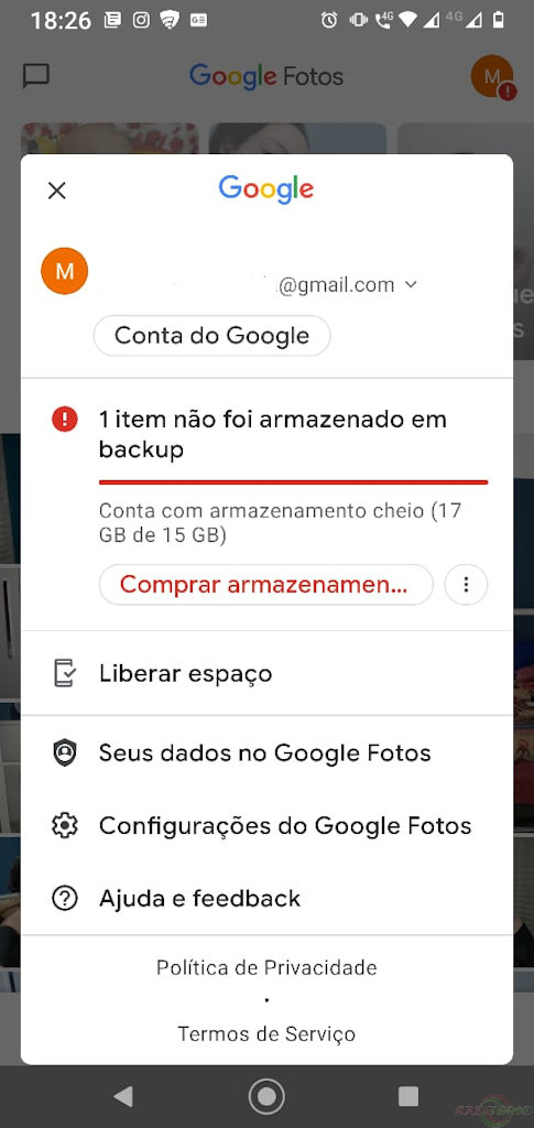 Google Fotos problema cota de armazenamento ultrapassada