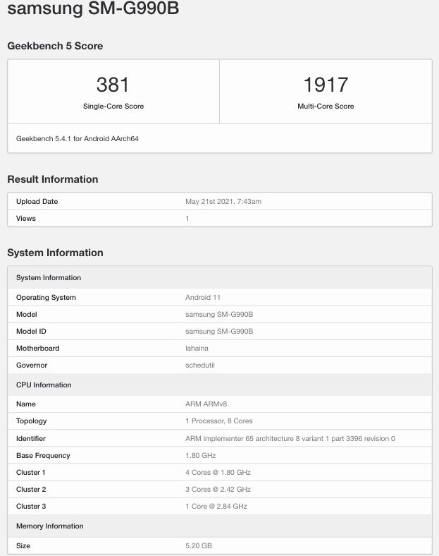 Galaxy S21 FE surge em Geekbench