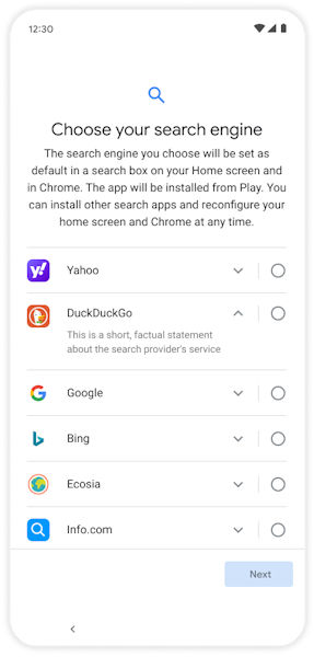 Android tela escolha navegador motor de busca na Europa