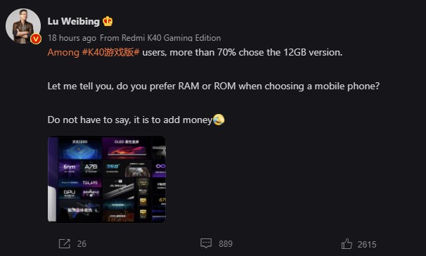 Redmi K40 Gaming Edition 12GB de RAM comprado por 70% dos consumidores
