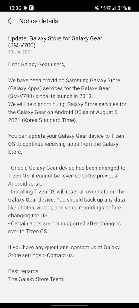 Galaxy Gear aviso do fim do suporte para Android e pede para instalar Tizen OS